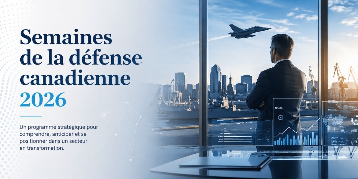 Visuel institutionnel des Semaines de la défense canadienne 2026 organisées par la FEDCEQ — collage de trois équipements militaires : drone de surveillance, sous-marin et chasseur furtif, avec le drapeau canadien et le logo de la Fédération des chefs d'entreprises du Québec.